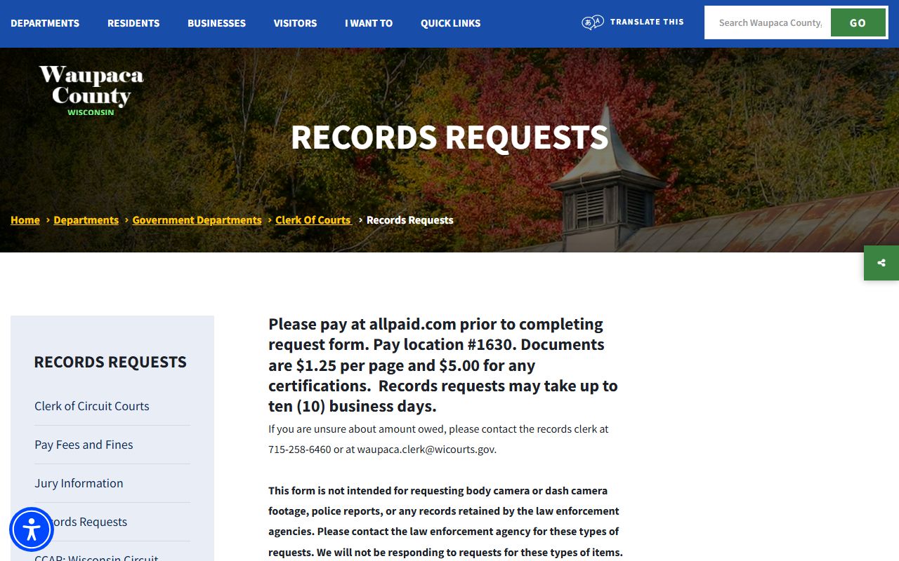 Waupaca County court records after jail arrest request form