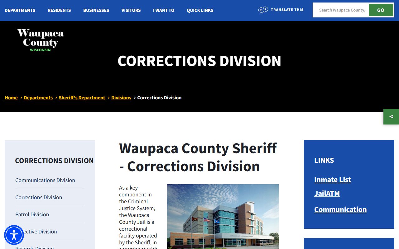 Waupaca County jail division inmate population and roster page