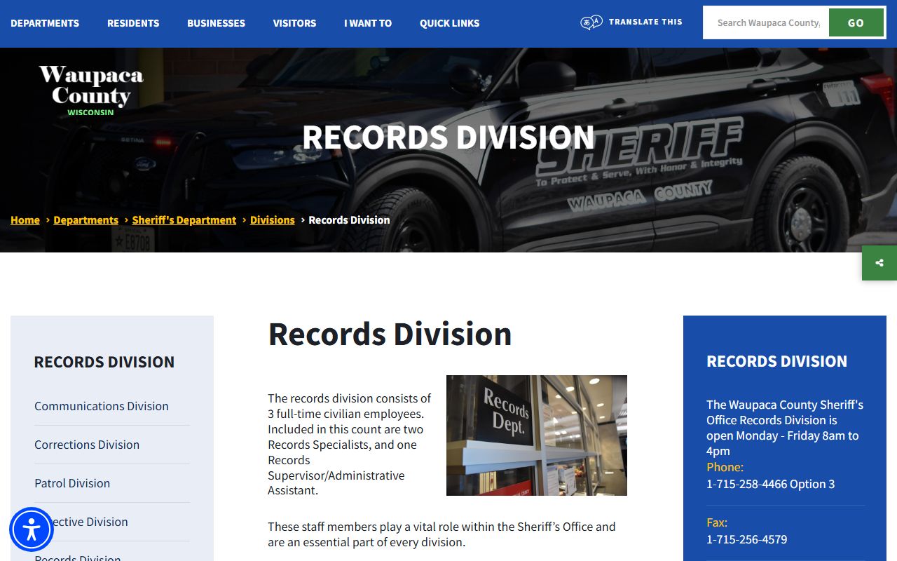 Waupaca County booking photo records request contact page